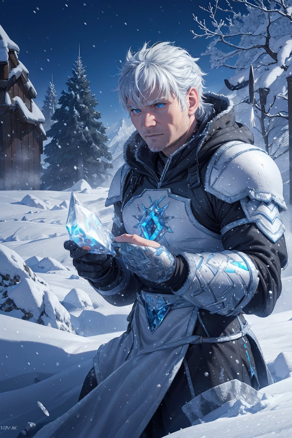 A humanoid figure clad in frost-covered armor, with icy blue skin and breath that freezes the air. Their eyes gleam with the cold fury of an eternal blizzard, embodying the harsh beauty of the frozen landscape they inhabit. Background: A snow-covered mountain range, with jagged peaks and swirling snowstorms, emphasizing the guardian's connection to the icy domain.,Nero