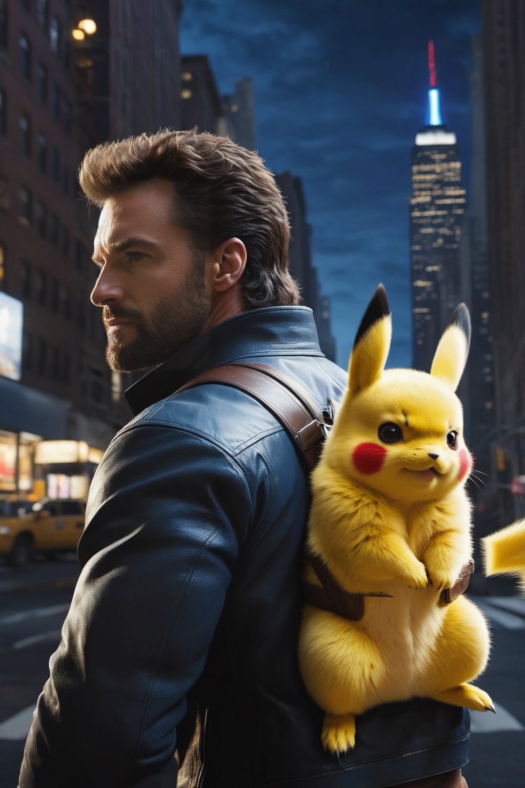 Wolverine piggybacking Pikachu over his shoulder, both are looking at the other , half body image, on the streets of New York at night, photorealistic, 