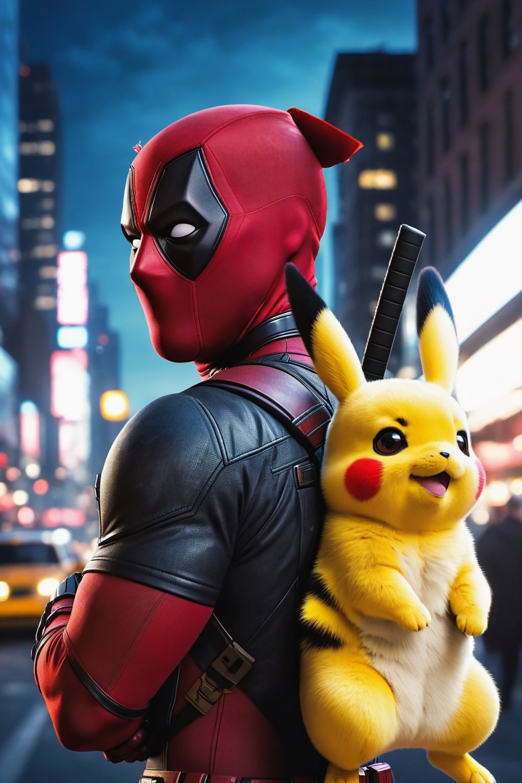 Deadpool piggybacking Pikachu over his shoulder, both are looking at the other and smiling, half body image, on the streets of New York at night, photorealistic