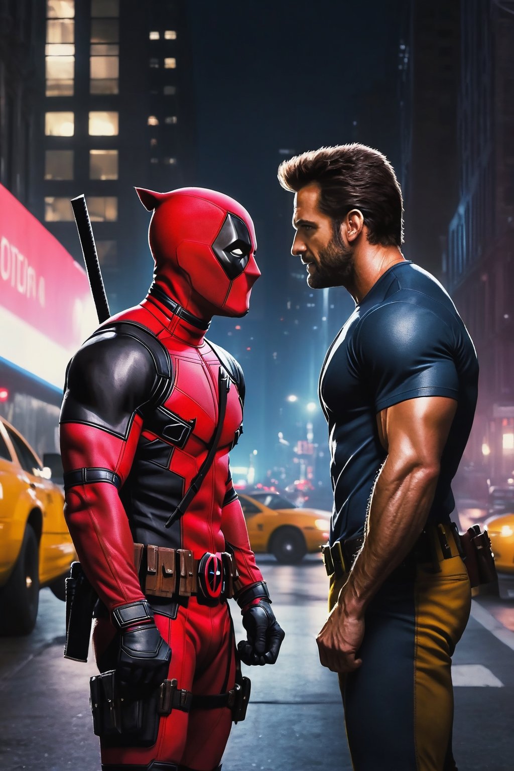 Deadpool and Wolverine, both are looking at the other , half body image, on the streets of New York at night, photorealistic