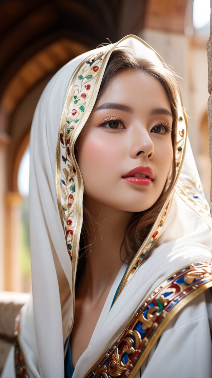 A Byzantine style girl in monastery, white head-cloths and veils. (masterpiece, top quality, best quality, official art, beautiful and aesthetic:1.2), (1girl:1.4), portrait, extreme detailed, highest detailed, simple background, 16k, high resolution, perfect dynamic composition, bokeh, (sharp focus:1.2), super wide angle, high angle, high color contrast, medium shot, depth of field, blurry background