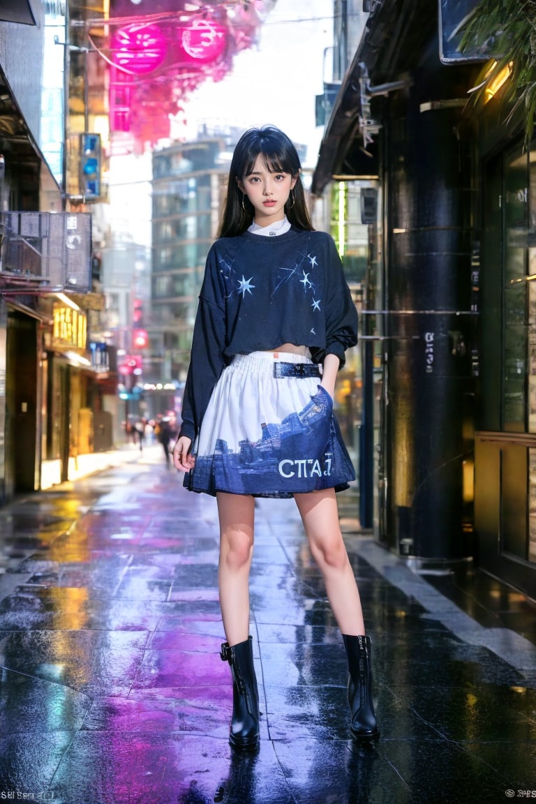 1 girl, a beautiful young Asian girl with long straight hair, bangs, blue eyes, straight nose, white soft skin; small lips, flat belly, long legs, ergonomic hands and fingers, symmetrical body shape, relaxed fingers, aesthetic looking, smiling expression; wearing silver hanfuskirt, Chelsea boots; right hand carry a camera; night city street, cityscape, starry night; sharp focus, wide shot, full body shot; photorealistic style; ultra detailed, soft light, warm tone, peaceful atmosphere; high dynamic range, vivid colors, high quality photo, masterpiece, extremely Realistic, best quality, fantasy scene, sharpen image,neon background.