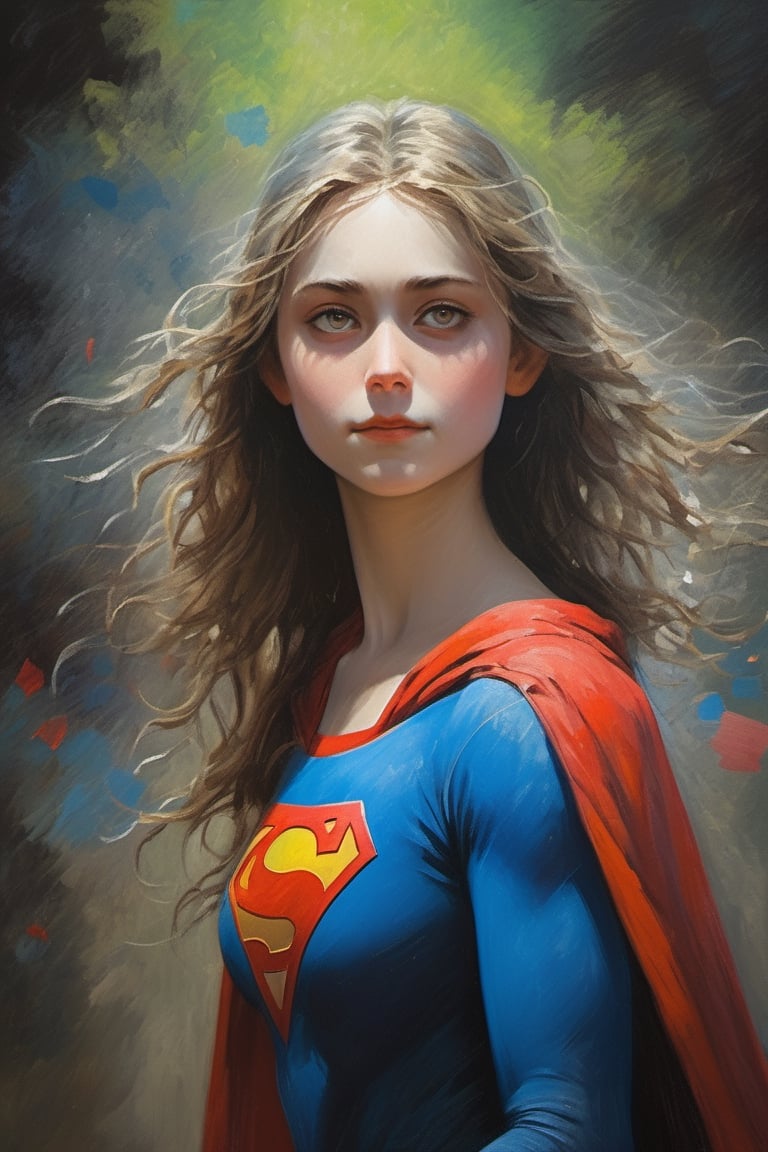 art by Claude Monet ,Supergirl dc comics, stunning beauty, hyper-realistic oil painting, vibrant colors, dark chiarascuro lighting, a telephoto shot, 1000mm lens, f2,8,Vogue,more detail XL