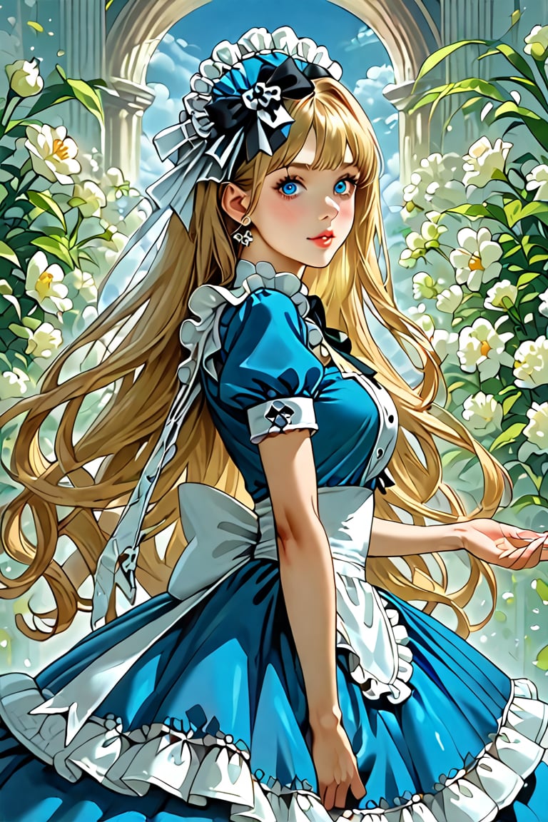 masterpiece, best quality, ultra-detailed, perfect hands, perfect anatomy, High detailed, detailed background, solo, No public hair, extremely pretty face, beautiful face, ultra-detaild face, cute and round face,

1girl, solo, 20yo girl, blonde hair, long hair, Straight Hair, blue eyes, richly decorated with colorful lace, gold ruffles, and embroidery, ornate buttons, and the voluminous skirt. features layers of tulle and lace. elegant princess style dress, Sky blue dress, white flower lace, white apron, tiny white flowers, black bow on the head, pretty dress, pretty and elegant lace, Coquette style dress, coquette bows, small golden details on the dress. gray background, alice in wonderland, Exact finger count, natural shape hands, beautiful eyes, score_9, score_8_up, score_7_up.