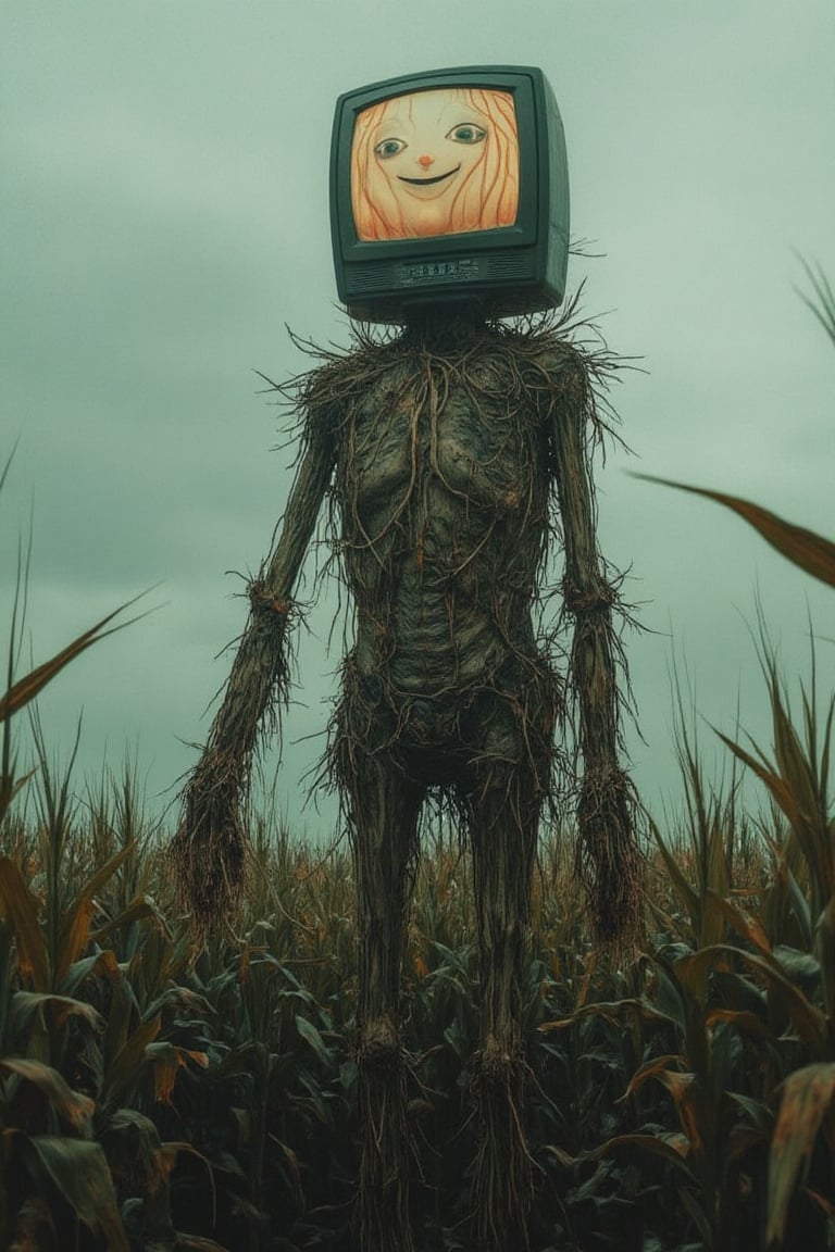 A scarecrow with rotten, straw-filled limbs and a grotesque, smiling television for a head, standing in a field of corn that whispers sinister secrets as it sways in the wind