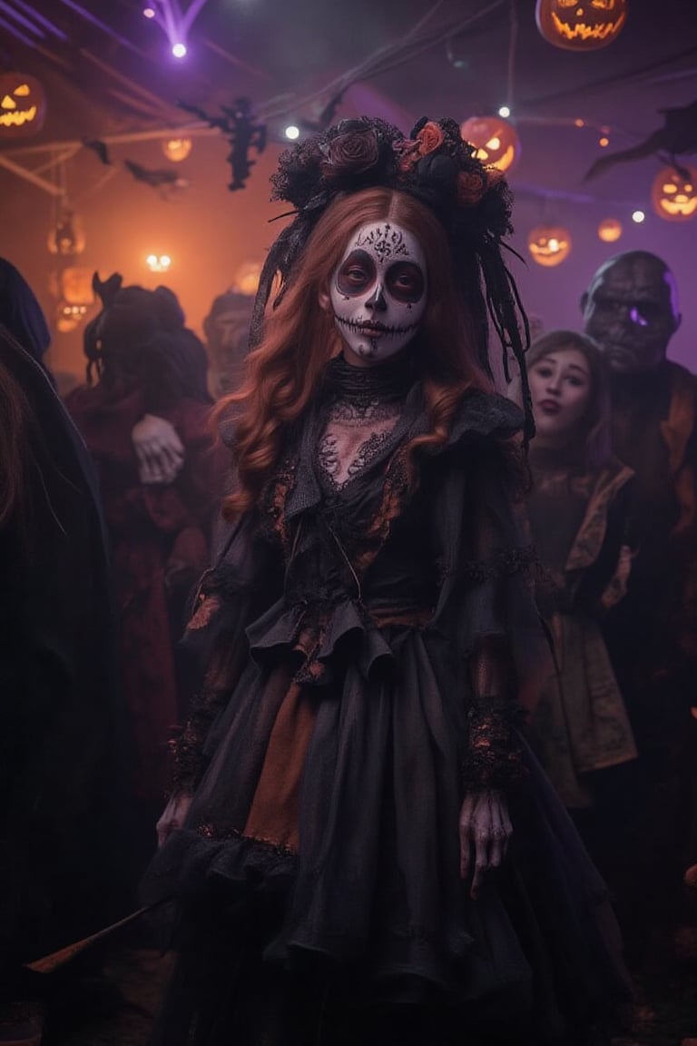 A young girl dressed in Halloween makeup at a lively Halloween party, her face painted with intricate skull designs and dark, spooky colors. She wears a classic, playful costume with hints of lace and tulle, fitting the Halloween theme perfectly. Around her, other partygoers in costumes fill the room, with dim, orange and purple lighting casting a festive yet eerie glow. Decorations like carved jack-o'-lanterns, hanging bats, and cobwebs are scattered throughout the room. The girl’s expression is a mix of excitement and mystery, capturing the enchanting spirit of Halloween night