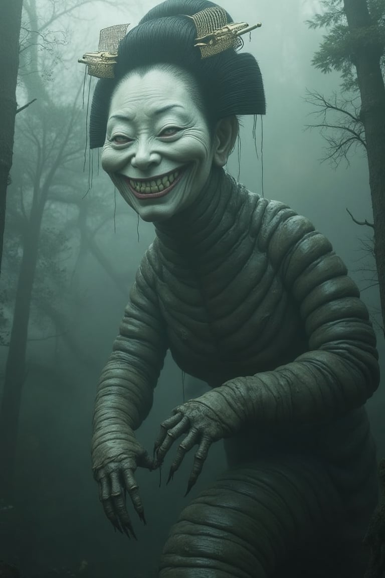 A massive, grotesque worm-like creature with slimy, segmented skin, towering over its surroundings. Its head is the unsettling face of a geisha, pale white with smooth porcelain-like skin. The geisha’s features are exaggerated, with a disturbingly wide, unnerving smile that stretches unnaturally across her face, revealing sharp, jagged teeth. Her black hair is tied into a traditional bun with ornate hairpins, contrasting with the monster’s writhing, dark, serpentine body. The creature's unsettling expression and its ominous, oversized body create an atmosphere of horror and dread. The background is a dim, foggy forest, with shadows creeping through the mist