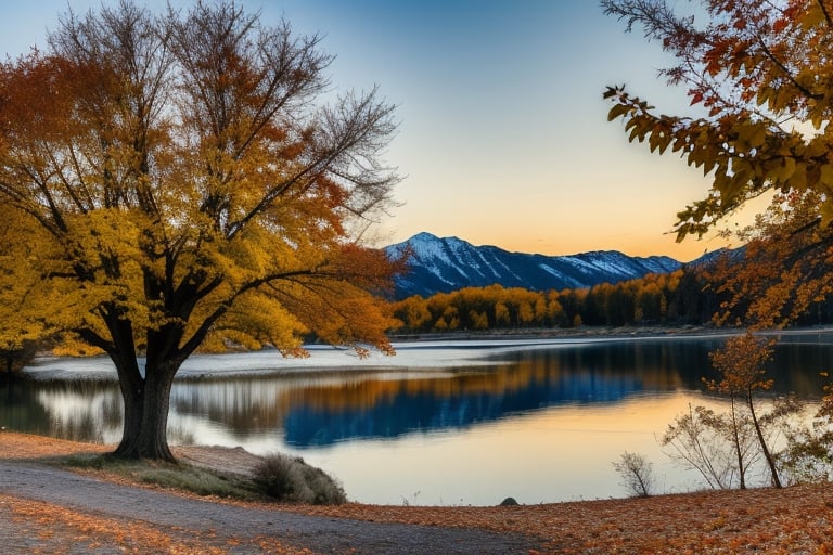 tree, lake, moon, landscape in mountains, early sunset, young woman under tree, woman is dressed, hdr, photografy, fall, autumn, leaves, ice starting to build at shore