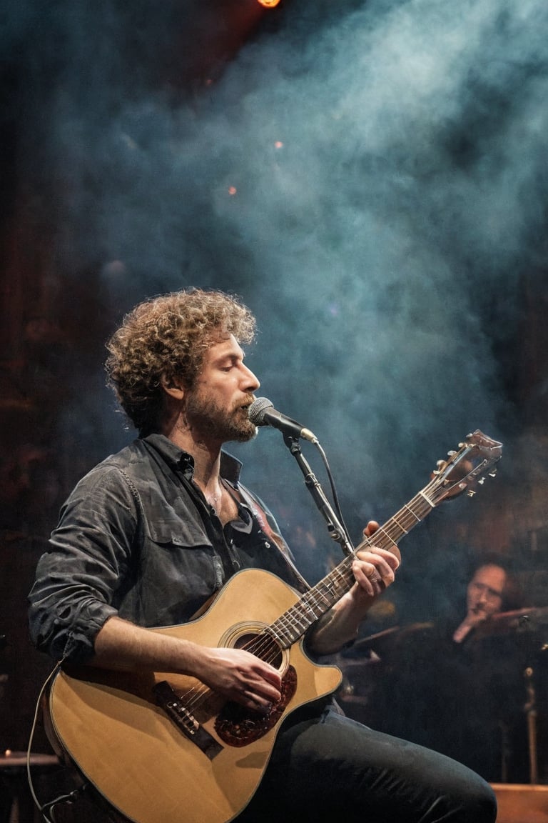 Step into a captivating portrait capturing the essence of a musician,  their fingers dancing across the strings of a guita...