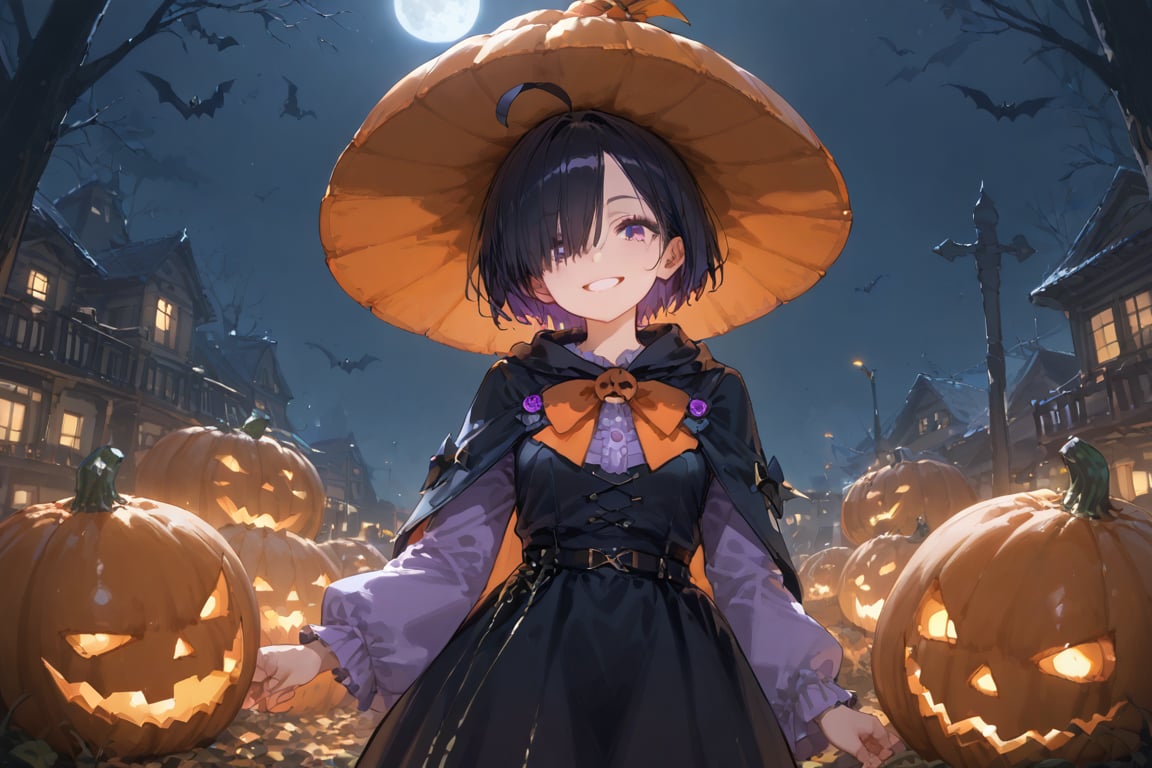 score_9, score_8_up, score_7_up,  source_anime, BREAK 1girl, black hair, ahoge, short hair, purple eyes, hair over one eye, smile, halloween costume, pumpkin, cowboy shot