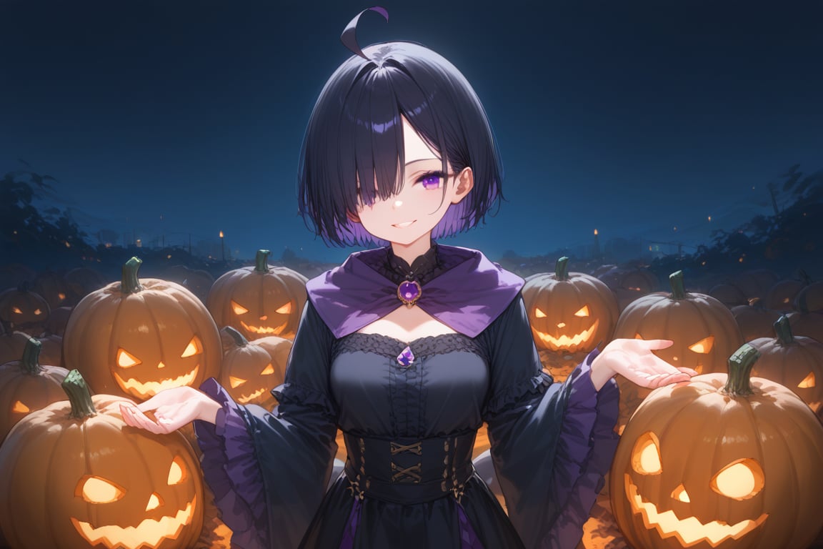 score_9, score_8_up, score_7_up,  source_anime, BREAK 1girl, black hair, ahoge, short hair, purple eyes, hair over one eye, smile, halloween costume, pumpkin, cowboy shot