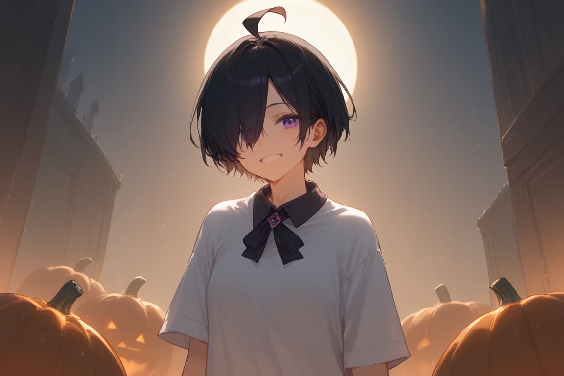 score_9, score_8_up, score_7_up,  source_anime, BREAK 1girl, black hair, ahoge, short hair, purple eyes, hair over one eye, smile, halloween costume, pumpkin, cowboy shot