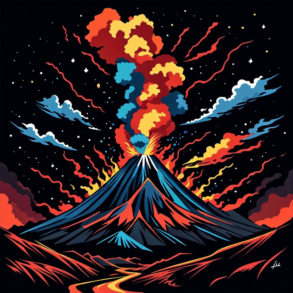 erupting merapi volcano at night,  black background, TShirtDesignAF,ADD MORE DETAIL