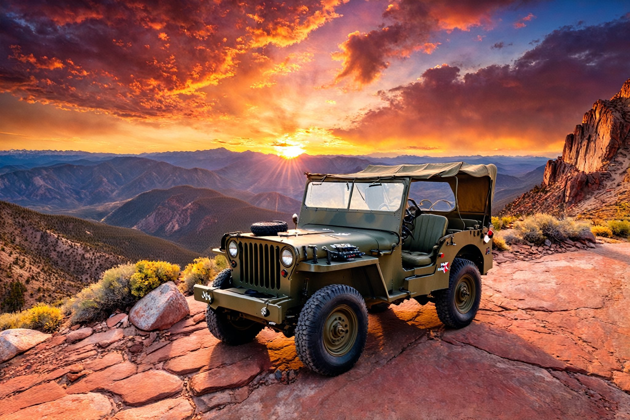 1943 military Willys Jeep positioned on rocky mountain , dramatic sunset scene featuring the Jeep with headlights turned on against the backdrop of the sunset on the road, front-left view, perspective,greg rutkowski