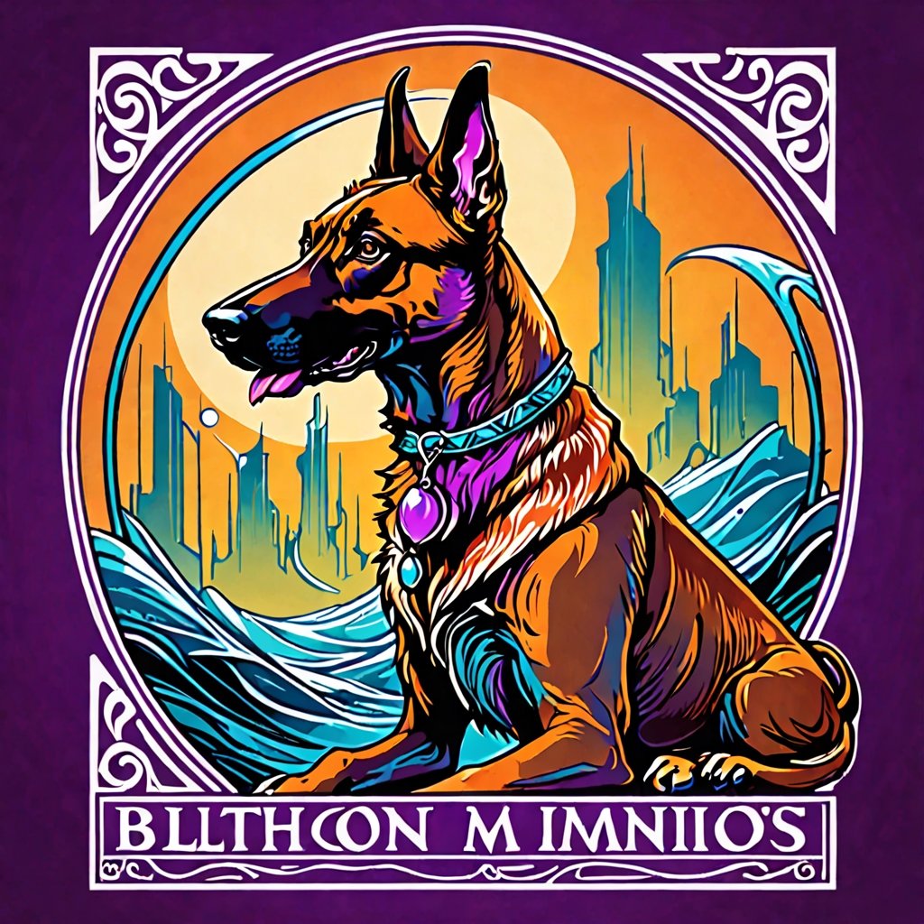 digital art 8k, style, mail art,A creatively illustrated abstract image in vector form of a 1950’s pulp magazine cover art "belgian malinois" is the title logo. It’s a belgian malinois predominately warm analagous colors such as yellow, orange , purple, generally vivid and bright but limted color palette, isolated from the background elements so the image is clean, simple and minimalistic, (dark luminescent:1.2) art by Alphonse Mucha, Kinuno Y Craft, Brian Froud, Arthur Rackham, Jean Baptiste Monge