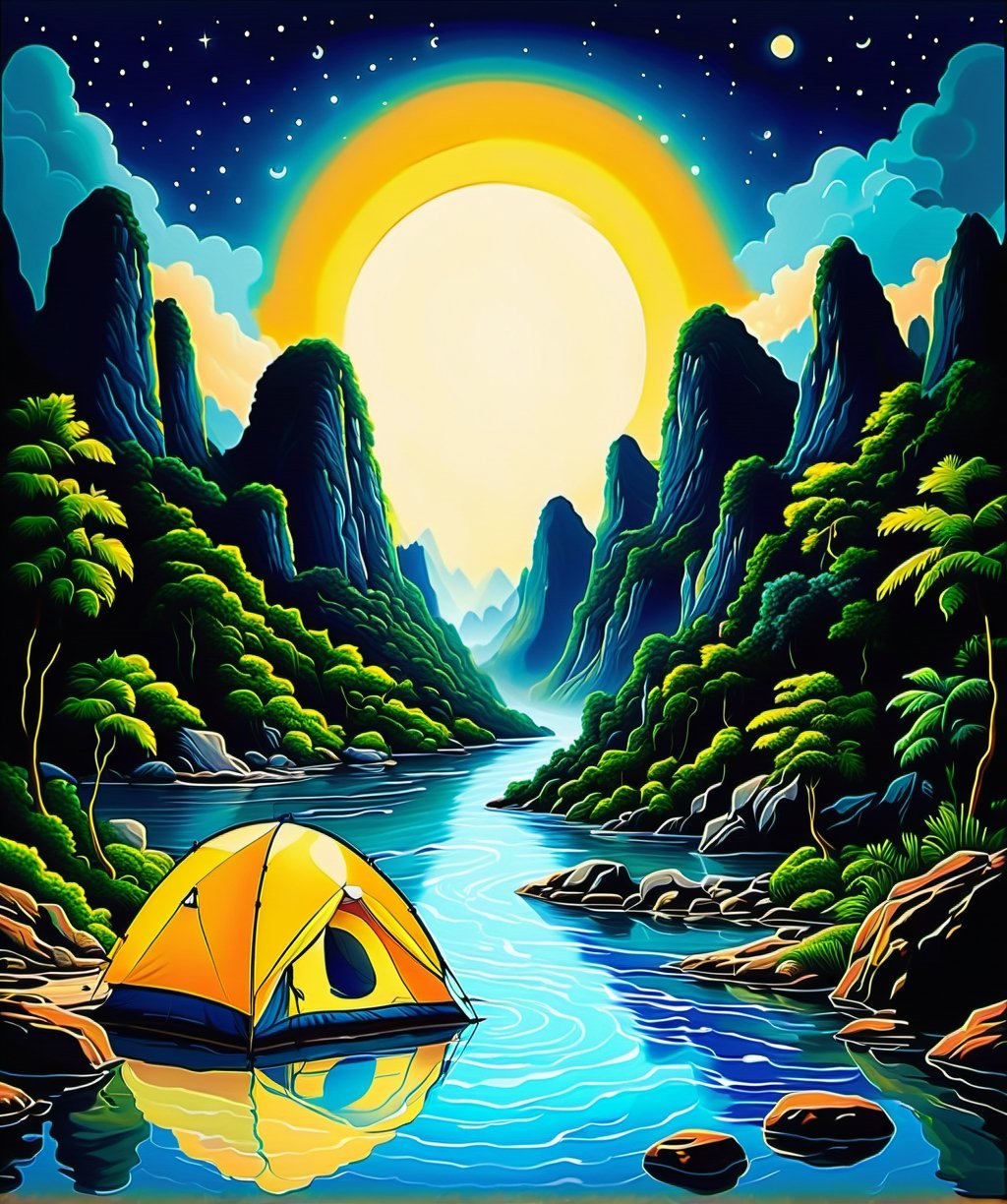 Visual depiction of a family camping with a yellow dome tent and campfire. In the middle of tropical forests and rocky rivers
The sky was dark blue and cloudless. The entire scene is bathed in a calm, evoking feelings of happiness and cheerfulness, poster