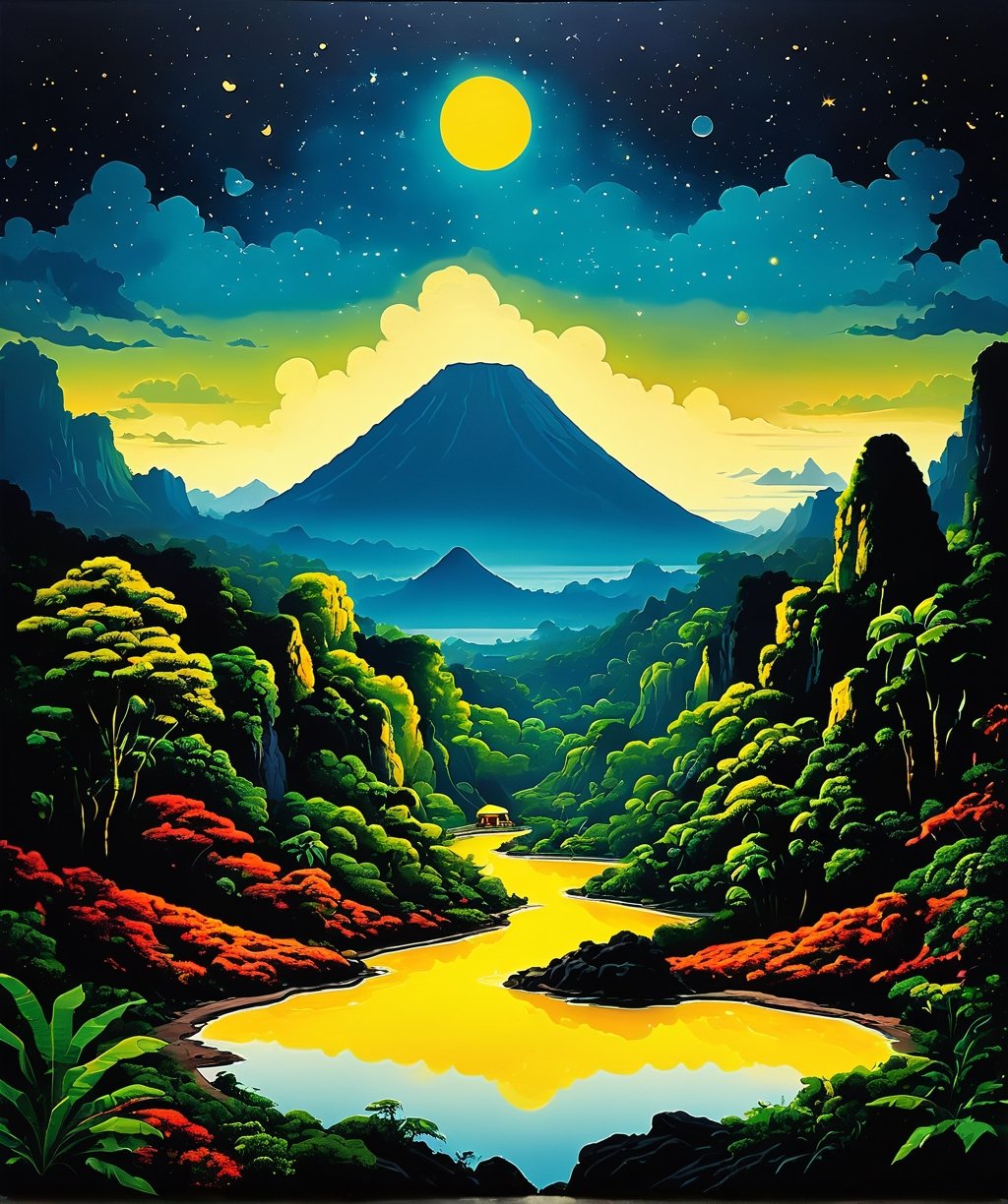 Visual  a family camping with a yellow dome tent, campfire beside it. tropical forests and a vulcano in the distance The sky was dark and cloudless. The entire scene is bathed in a calm, 