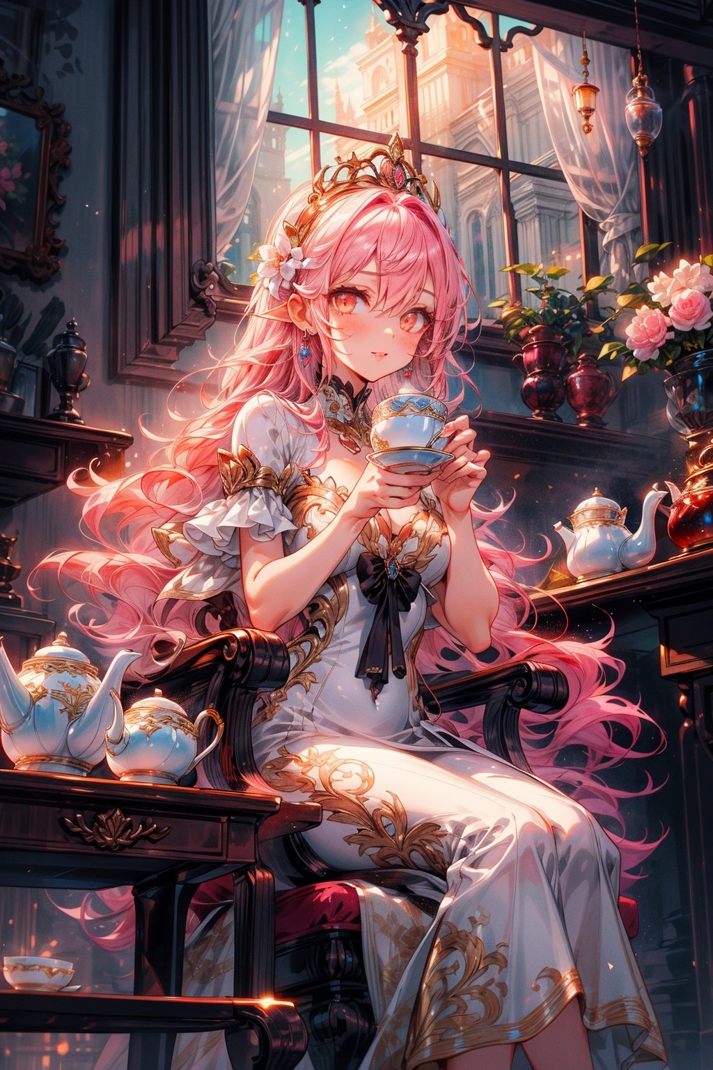 golden eyes ,pink hair,
delicate face,High detailed,Beautiful artistic conception,sweet atmosphere,Long hair,Details face, details hands, details eyes ,white dress,perfect,Princess,classic beauty,sit by the window,Holding a fancy tea cup