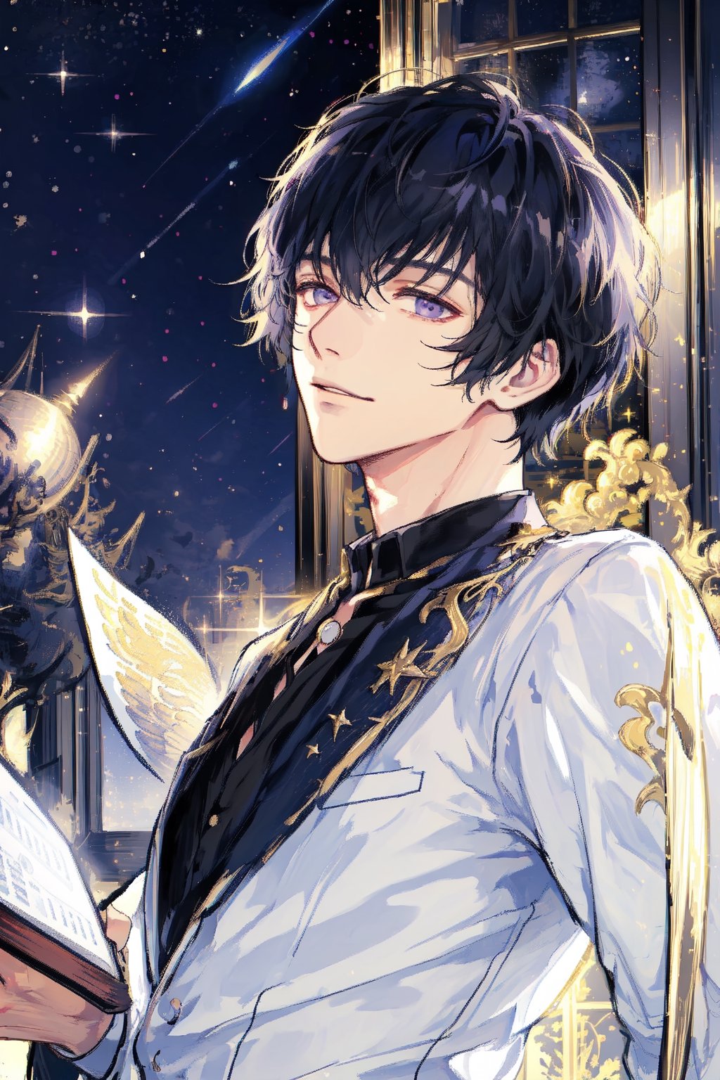 a boy,short black hair,white long sleeve shirt,masterpiece,Book,a handsome man,magic research,By the window and starry night,golden magic dust,boy,magician,golden sands,detailed_background,Black hair,best quality,high detail eyes,incredibly absurdres,male,slender wrist,1guy,Purple eyes,Youthful feeling