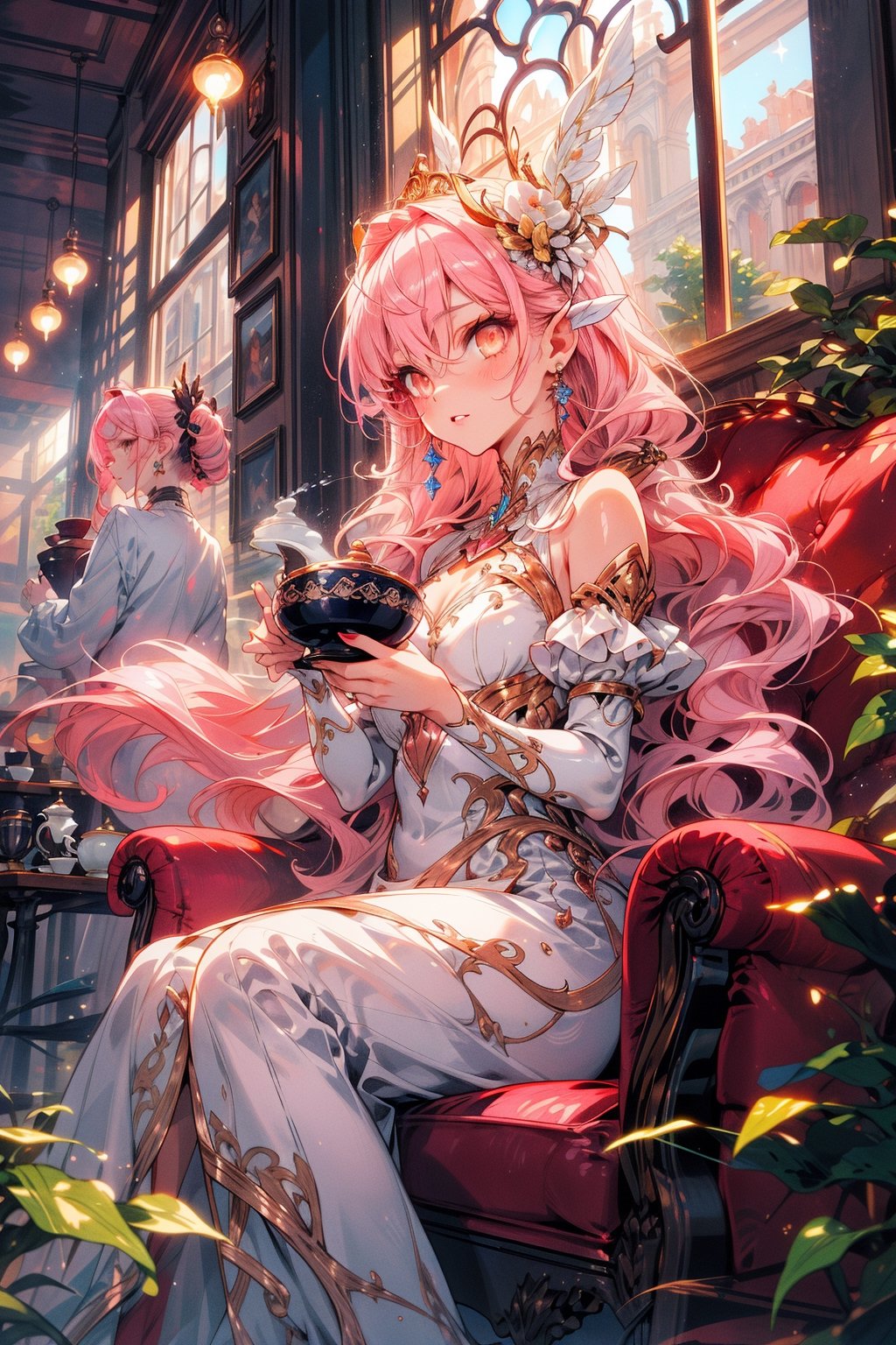 golden eyes ,pink hair,
delicate face,High detailed,Beautiful artistic conception,sweet atmosphere,Long hair,Details face, details hands, details eyes ,white dress,perfect,Princess,classic beauty,sit by the window,Holding a fancy tea cup