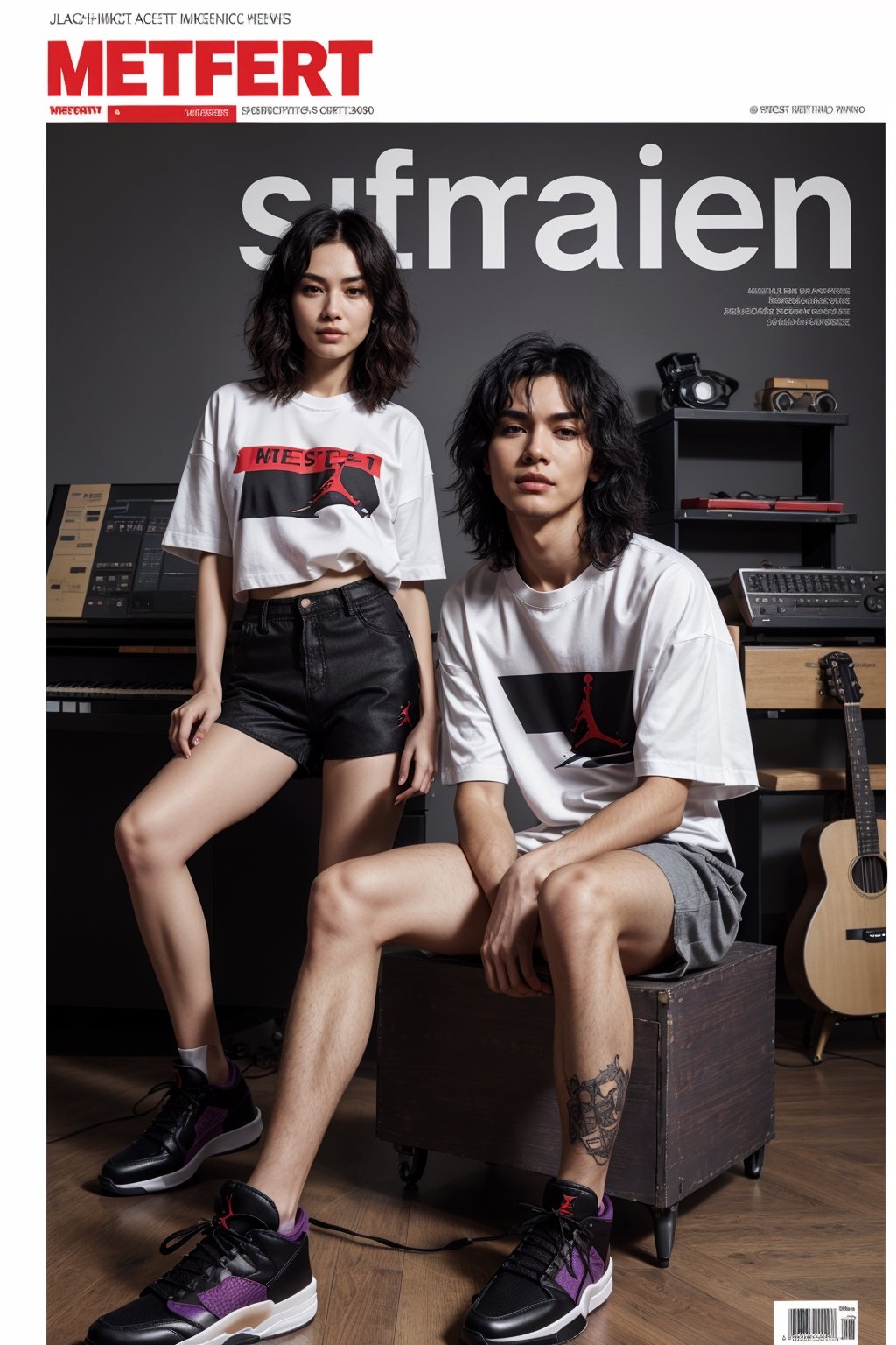 Two of young boy and one girl with differemt face, male, western asian mix face, aestethic body , magazine cover,playing music band, guitar,drum, and piano in the background , detailed background with music studio 80s theme,with smoking cigarette, (brown,purple vibe), (oversize long tshirt), accessories, body stickers, long jogger pants, ((perfect legs, black jordan shoes)), black hair, streaked hair, (tired eyes,close mouth), dynamic angle, (magazine cover, text),SharpEyess,Mecha body,rha30,Masterpiece,pdrally