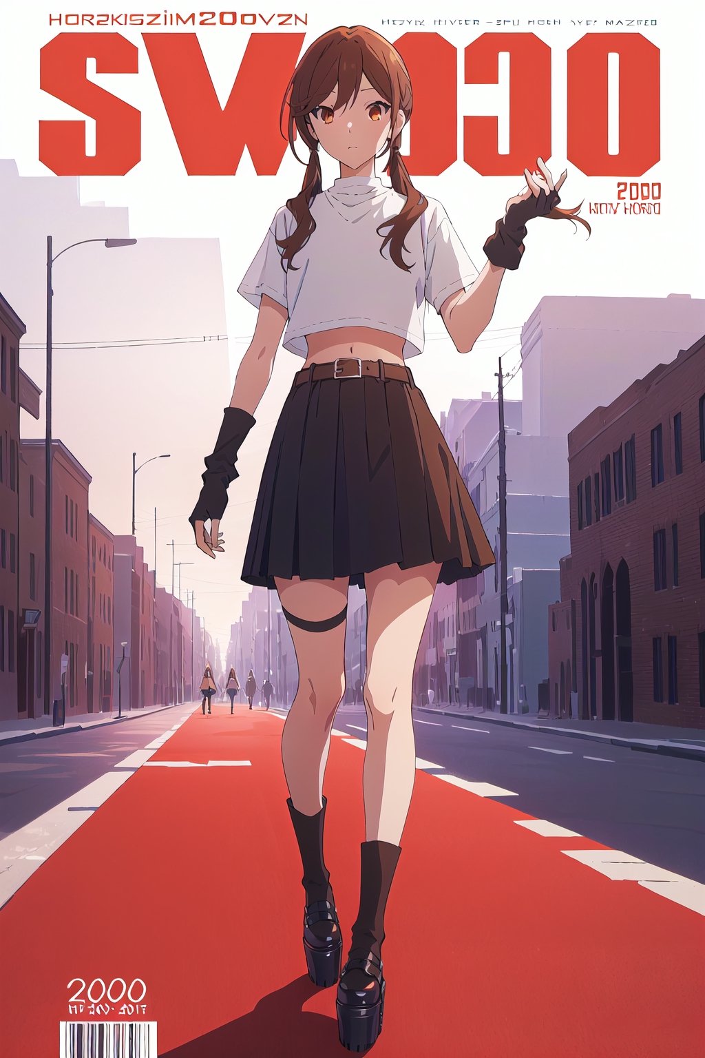 2000s fashion,horimiya_hori,1girl,20 years old,brown eyes,magazine cover,modeling pose, standing,foreground,dominant,pov_eye_contact,arm warmers, high waist skirt, big belt, platform_footwear, crop top, leg warmers, twin_tails