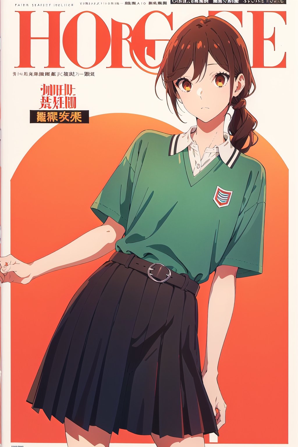 1girl,horimiya_hori, brown eyes,
vintage long hairstyle,magazine cover,sport 
oversized polo shirt tucked into skirt, vintage elegant skirt, big belt,short v neck, body leaning back,modeling pose
