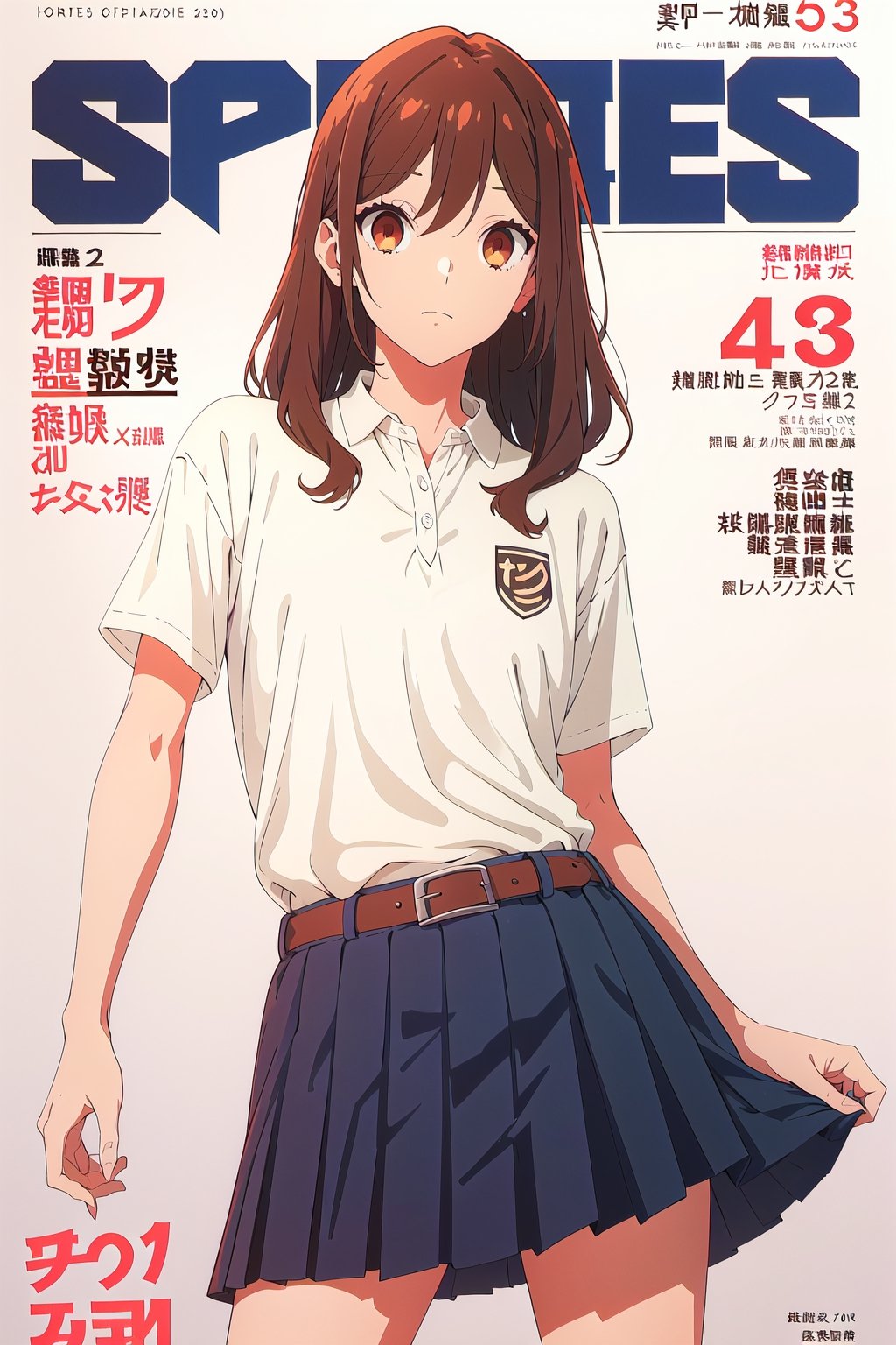 1girl,horimiya_hori, brown eyes,
vintage long hairstyle,magazine cover,sport 
oversized polo shirt tucked into skirt, vintage elegant mini skirt, giant belt,short v neck, body leaning back,modeling pose
