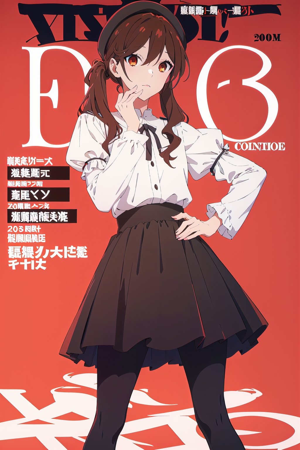 coquette aesthetic,horimiya_hori,1girl,20 years old,brown eyes,magazine cover,modeling pose, standing,foreground,pov_eye_contact,long blouse,puffed sleeves,beret, high waist skirt,leggings,lipstick, make-up, eyeliner