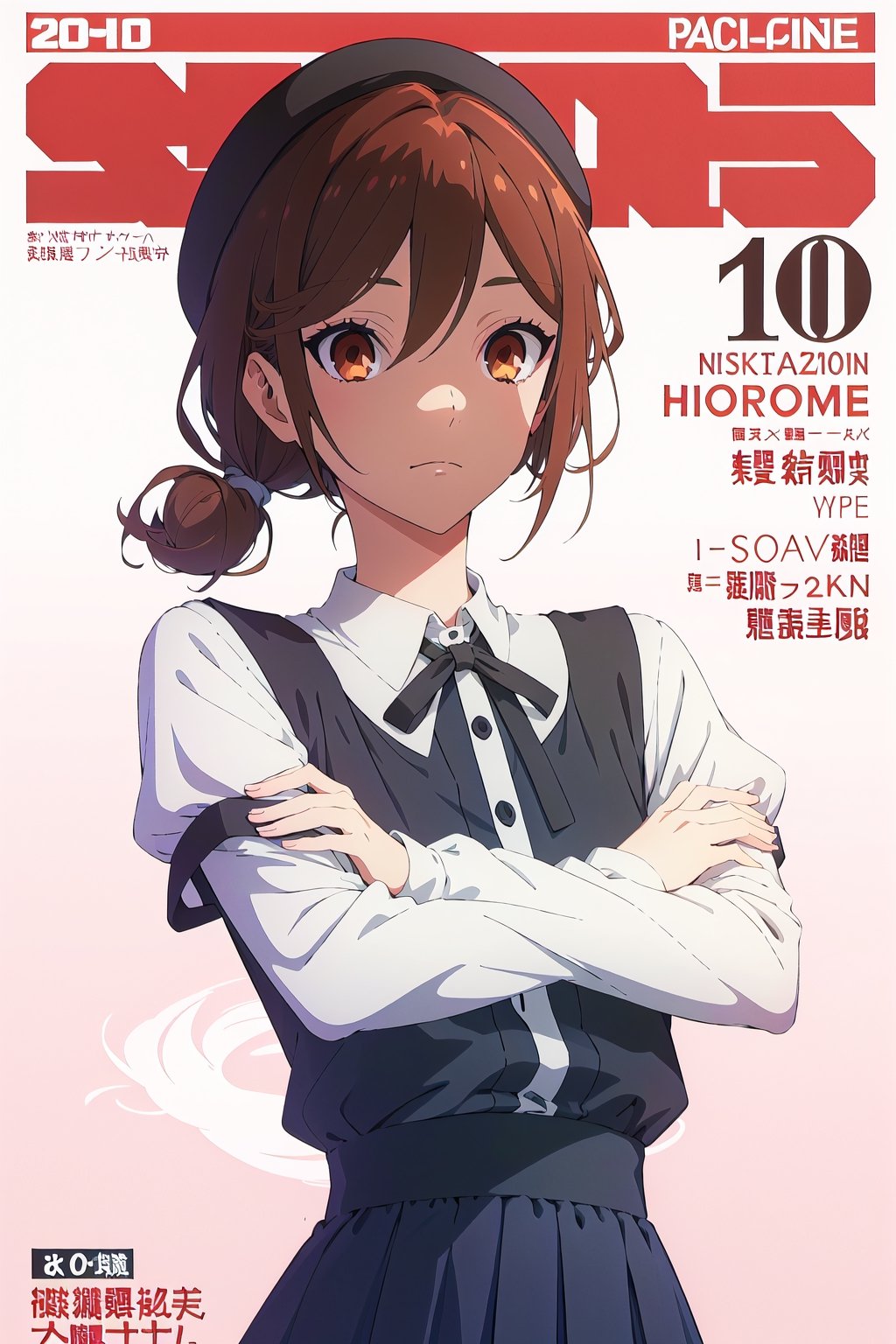 coquette aesthetic,horimiya_hori,1girl,20 years old,brown eyes,magazine cover,modeling pose, standing,foreground,pov_eye_contact,long blouse,puffed sleeves,beret, high waist skirt,leggings, make-up, dominant,eye shading