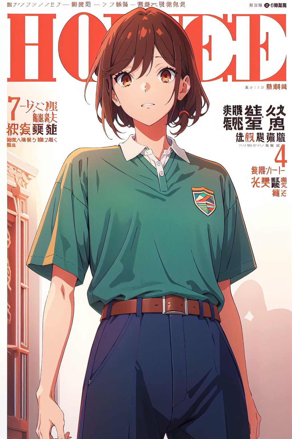 1girl,horimiya_hori, brown eyes,
vintage hairstyle,magazine cover,sport 
oversized polo shirt tucked into pant, vintage elegant pant, big belt,short v neck, 