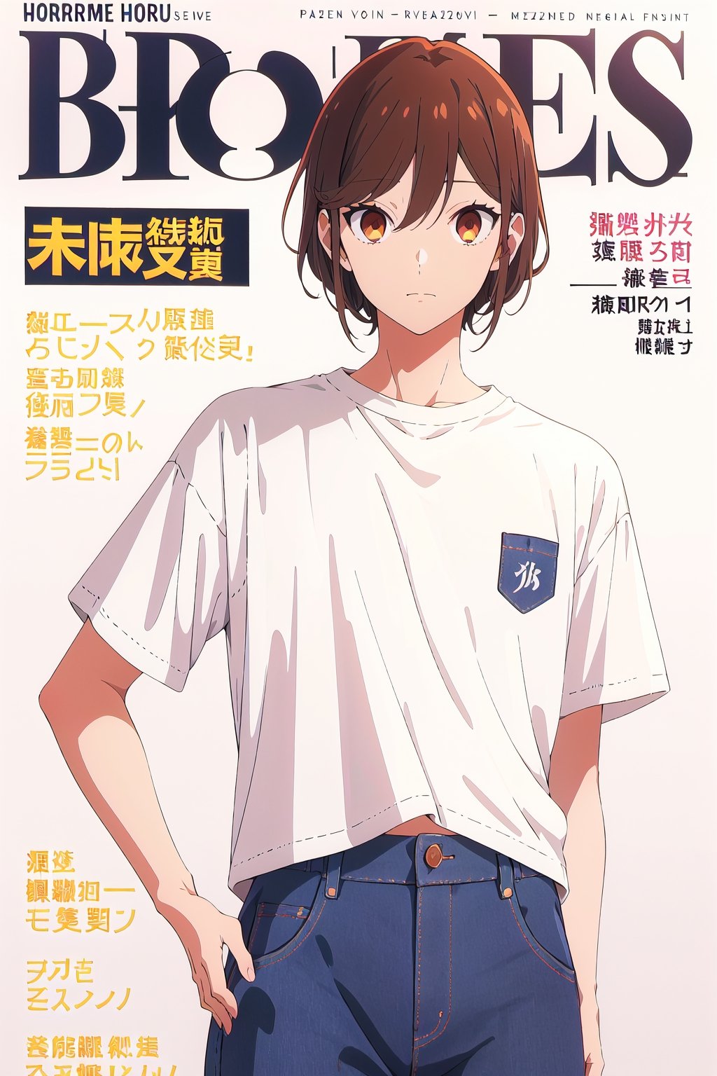 horimiya_hori, brown eyes,white t-shirt, vintage elegant pant,magazine cover,shirt tucked into pants, thermal shirt underneath