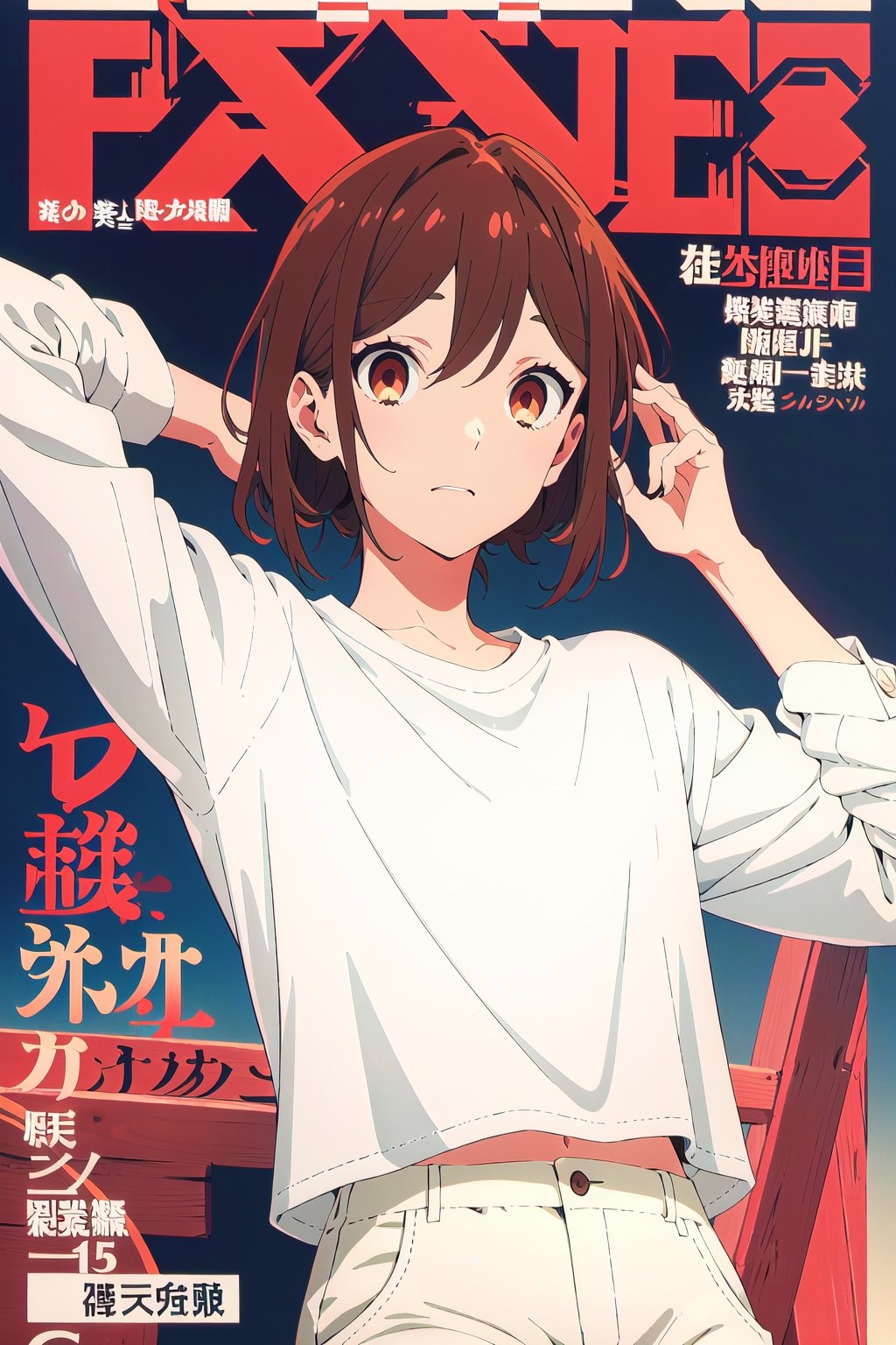 horimiya_hori, brown eyes,white shirt, vintage elegant pant,magazine cover, vintage aesthetic