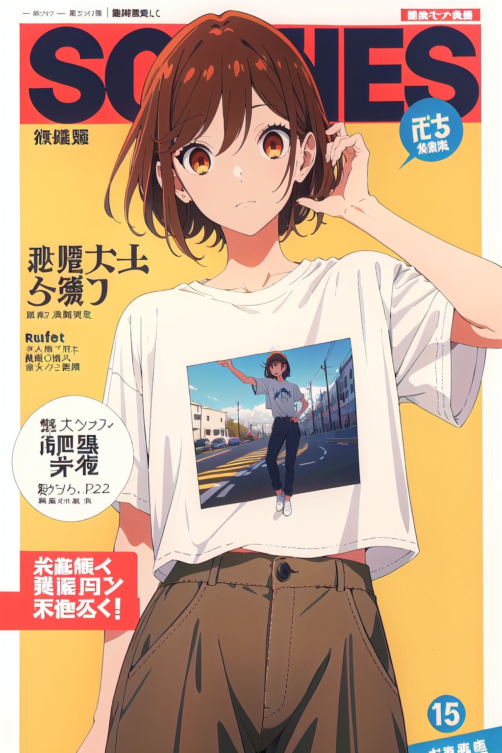 1girl,horimiya_hori, brown eyes,
vintage hairstyle,sport 
fitted t-shirt tucked into pant, vintage elegant pant,magazine cover, 