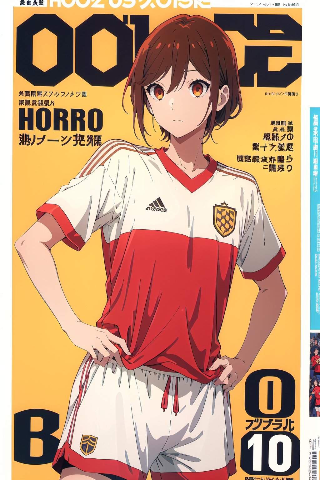 horimiya_hori,1girl ,brown eyes,30 years old,
vintage haircut,magazine cover,modeling pose, foreground,soccer t-shirt, soccer shorts,photoshoot