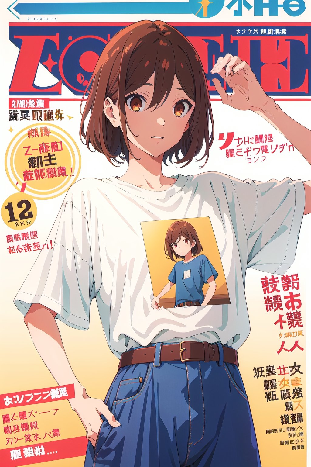 1girl,horimiya_hori, brown eyes,
vintage hairstyle,magazine cover,sport 
oversized t-shirt tucked into pant, vintage elegant pant, big belt,