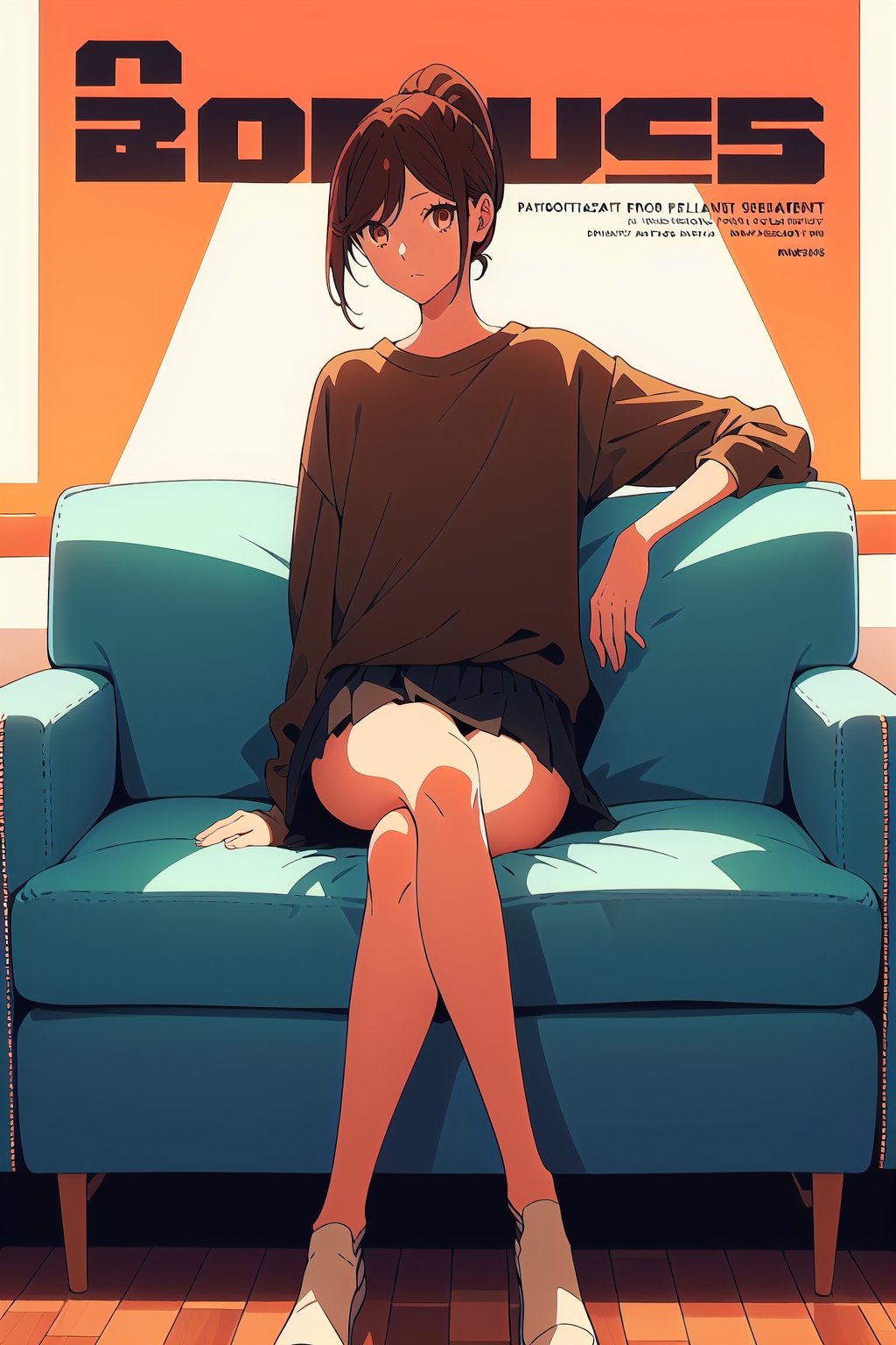 1girl,25 years old,ponytail,brown eyes,brown hair,portrait,,illustration,fcloseup,rgbcolor, photostudio,emotion,front view, oversized shirt, miniskirt, looking_at_viewer,magazine cover, full_body, thighs,sitting,crossed legs