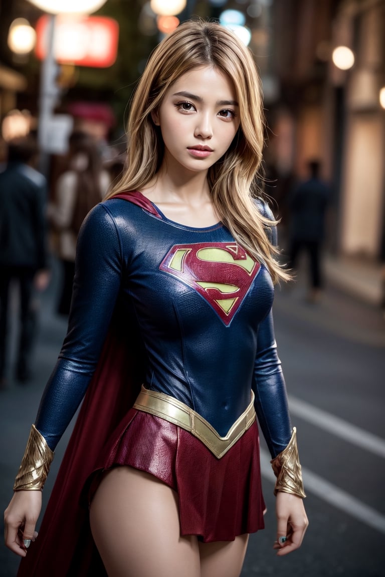 best quality, 1girl, portrait photography, Asian female, 20 yo, role-playing as Supergirl, blond hair, wearing supergirl tight  suit with short skirt, night,street, spotlight of hair, 
Sexy pose, realistic photo, wide-angle lens, high quality, high resolution, high precision, UHD: 1.3, 4K rendering, face focus, the background is stunning, with depth of field effect,frey4,gaby_rose,4yu,cathwilson,nit4,ti4r4,s4str0, ,wul4n,bul4n,c3ln,sasha calle,supergirl