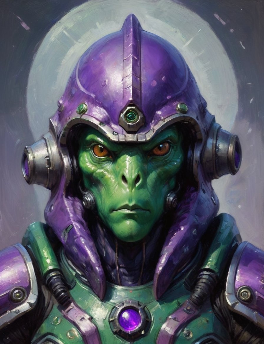 head and shoulders portrait,  green squid alien in spartan violet power armor looking down on the viewer,  wide range of c...