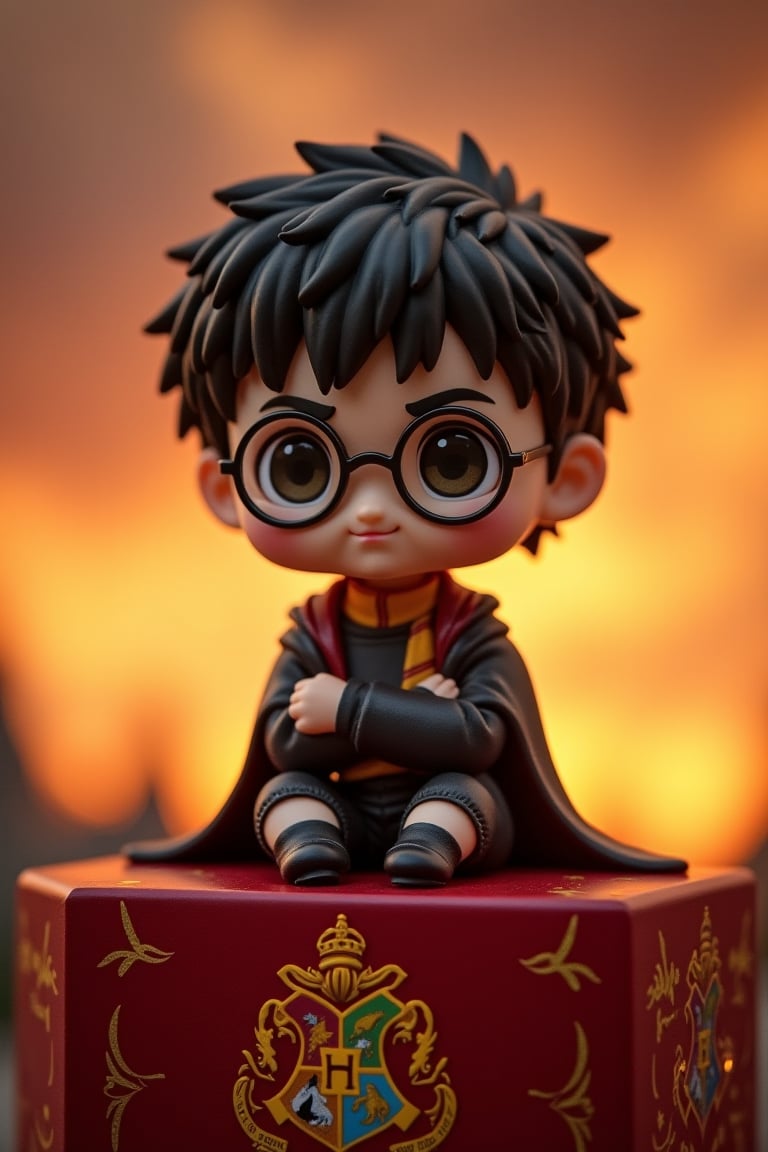 A stunning Kaiyodo-style figure of Harry Potter, reimagined in a super deformed form. He sits proudly on a crimson background adorned with golden accents, echoing the Hogwarts' crest. The background is a warm, gradient sunset sky with wispy clouds, reminiscent of a magical summer evening. A faint, shimmering light envelops Harry's figure, highlighting his iconic glasses and mischievous grin.