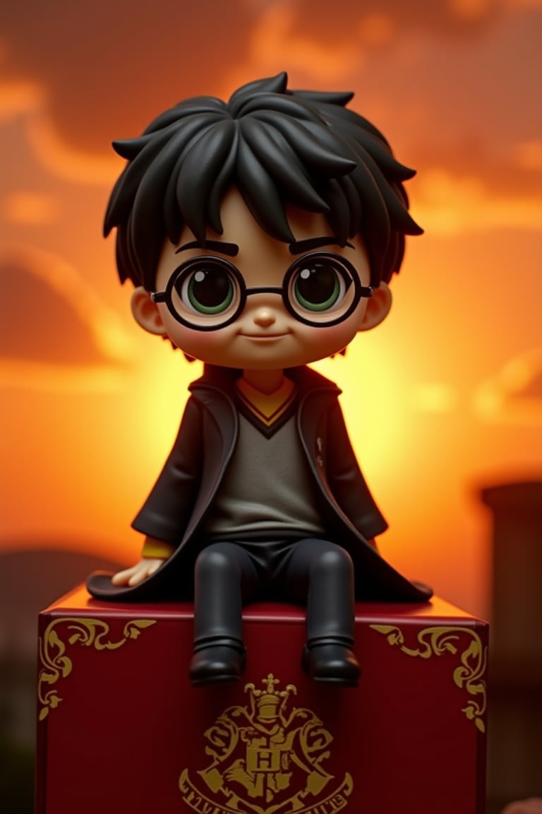 A stunning Kaiyodo-style figure of Harry Potter, reimagined in a super deformed form. He sits proudly on a crimson background adorned with golden accents, echoing the Hogwarts' crest. The background is a warm, gradient sunset sky with wispy clouds, reminiscent of a magical summer evening. A faint, shimmering light envelops Harry's figure, highlighting his iconic glasses and mischievous grin.