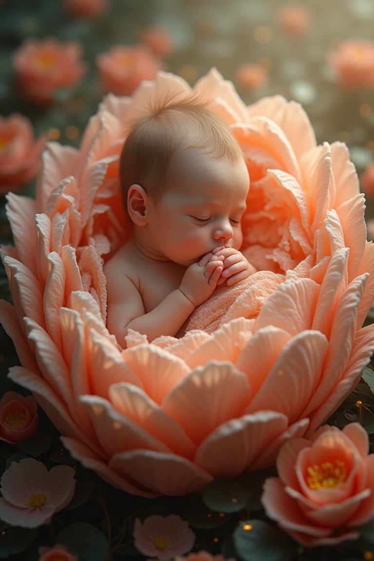 A highly detailed and realistic digital painting of a newborn baby gently resting in a cradle made of soft, glowing flower petals. The baby has delicate, fair skin with rosy cheeks, tiny hands curled into fists, and peaceful, closed eyes. The petals of the flower cradle gently wrap around the baby, creating a safe and nurturing environment. Soft, ethereal light emanates from the petals, casting a warm glow on the baby’s serene face. The background is a dreamy mix of soft, blurred colors, evoking a magical, otherworldly garden. The scene captures the purity and innocence of the newborn, with textures of the petals and the baby’s skin rendered in exquisite detail, making the entire scene feel both peaceful and enchanted.