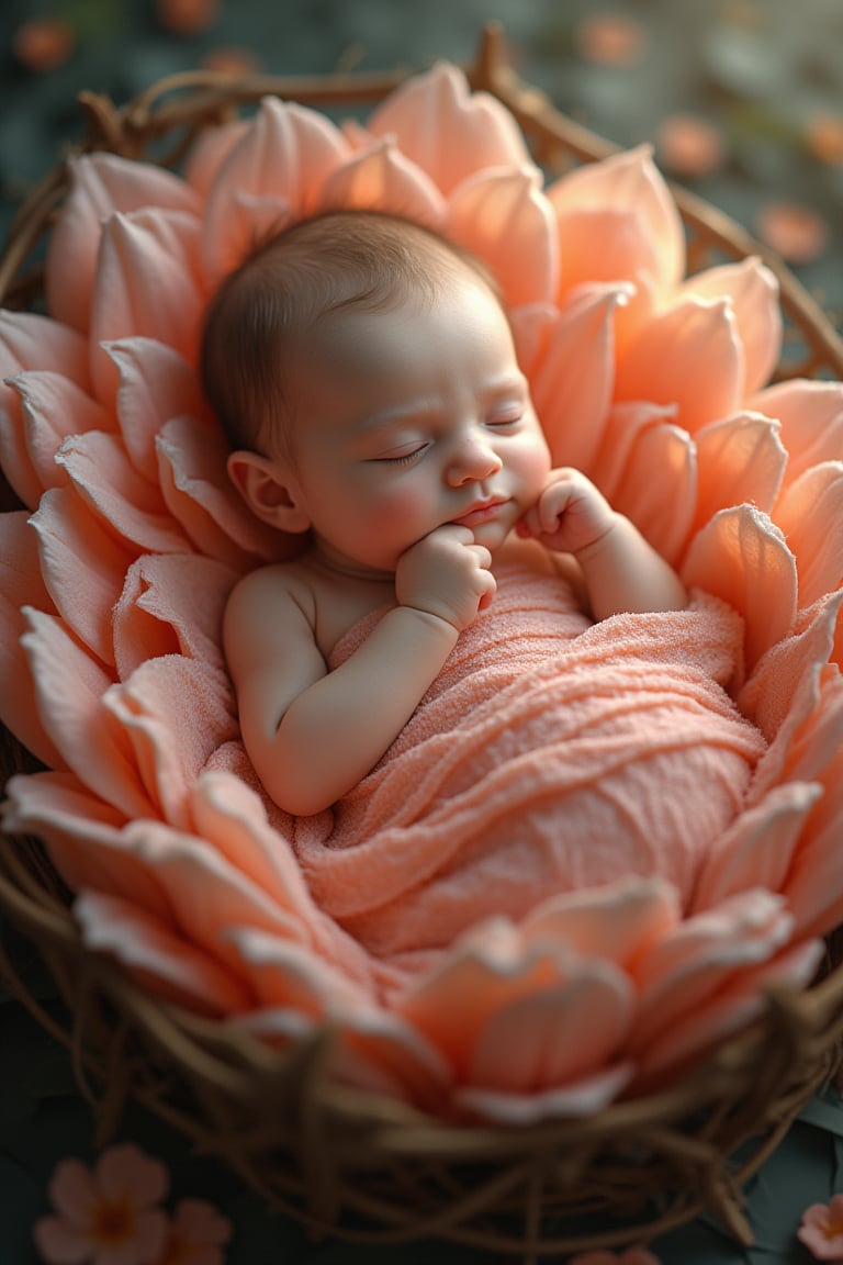 A highly detailed and realistic digital painting of a newborn baby gently resting in a cradle made of soft, glowing flower petals. The baby has delicate, fair skin with rosy cheeks, tiny hands curled into fists, and peaceful, closed eyes. The petals of the flower cradle gently wrap around the baby, creating a safe and nurturing environment. Soft, ethereal light emanates from the petals, casting a warm glow on the baby’s serene face. The background is a dreamy mix of soft, blurred colors, evoking a magical, otherworldly garden. The scene captures the purity and innocence of the newborn, with textures of the petals and the baby’s skin rendered in exquisite detail, making the entire scene feel both peaceful and enchanted.