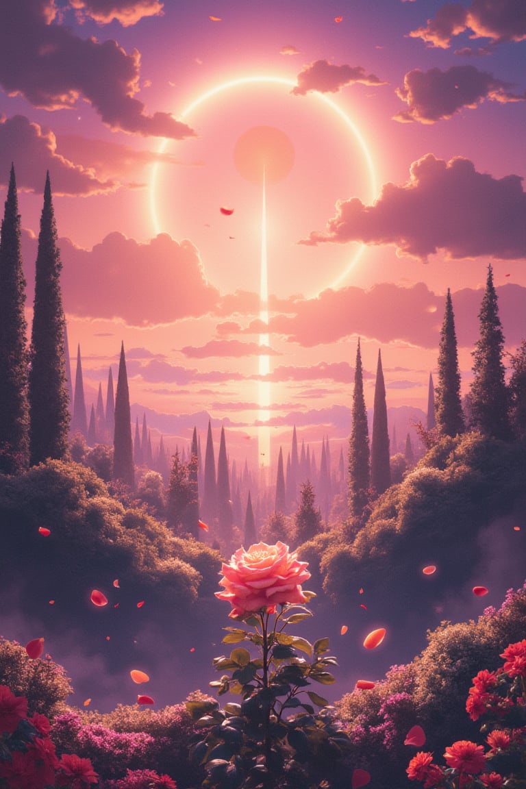 magine a vibrant anime-style HD scene set in a magical landscape that bursts with color and life. In the foreground stands a beautiful, blooming rose, its delicate petals shining with soft pink and red hues. The rose is surrounded by intricate thorny vines, symbolizing the challenges and pain that lead to growth. These thorns are glowing faintly, as if they too hold a transformative power within them.

Behind the rose, the scene opens up to a vast, ethereal sky filled with glowing, soft pink and gold hues, radiating peace and warmth. The light from the sky bathes everything in a heavenly glow, casting a feeling of transformation. Small petals float gently through the air, carried by a mystical breeze, adding a sense of fluidity and movement to the scenery.

In the background, a serene forest filled with tall, ancient trees stands bathed in the same magical light, hinting at the depth of personal growth that comes through the journey of emotions. The trees are covered with soft, luminous moss and delicate blossoms, symbolizing continuous growth despite hardships.

The sky above is alive with a mix of golden sunlight, shimmering stars, and a radiant moon, highlighting the cycle of life and emotions—joy, sadness, and pain—as teachers on the path to inner strength. The entire scene exudes a sense of peace, transformation, and spiritual awakening, drawing the viewer into its magical, calming beauty.

This scene is a visual metaphor for the idea that every emotion is a teacher, re,Cinematic_Enhancer_Style