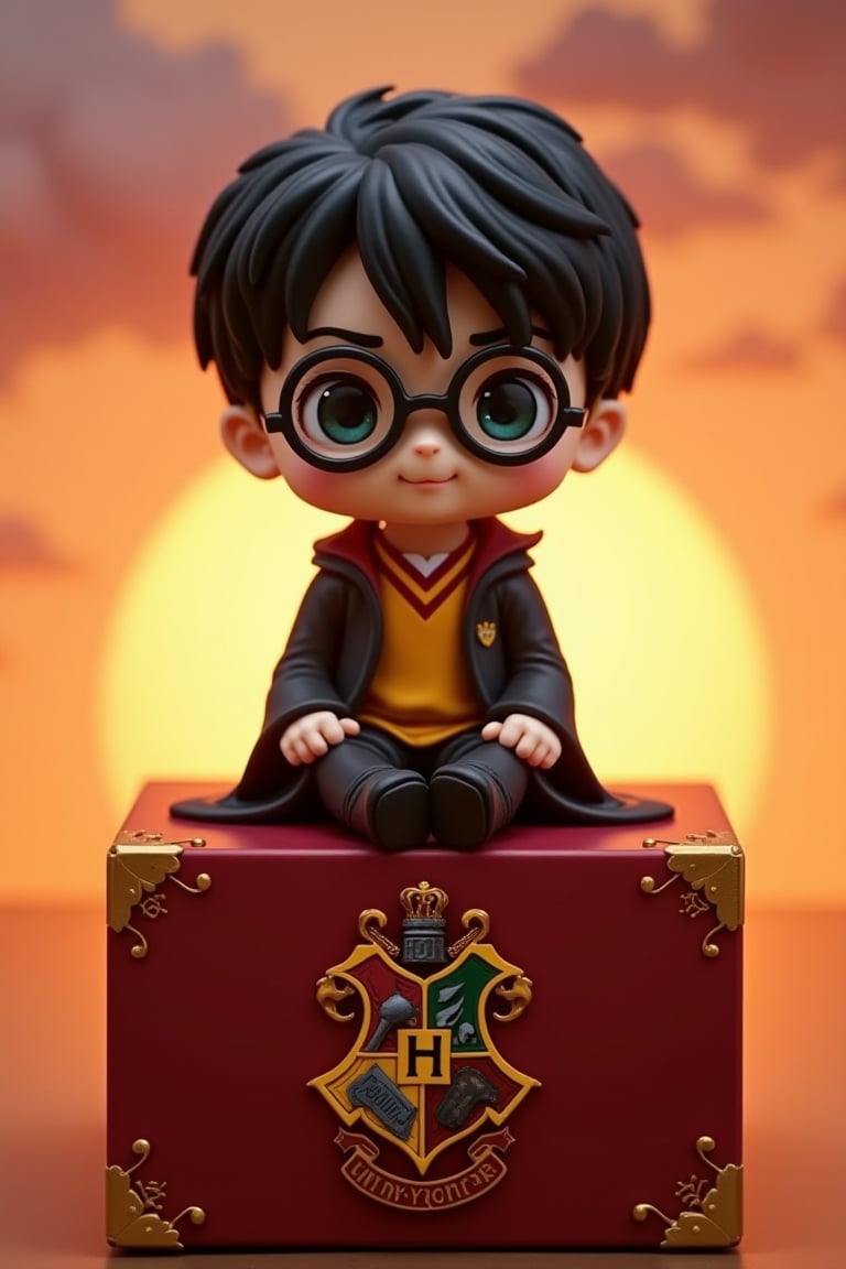 A stunning Kaiyodo-style figure of Harry Potter, reimagined in a super deformed form. He sits proudly on a crimson background adorned with golden accents, echoing the Hogwarts' crest. The background is a warm, gradient sunset sky with wispy clouds, reminiscent of a magical summer evening. A faint, shimmering light envelops Harry's figure, highlighting his iconic glasses and mischievous grin.