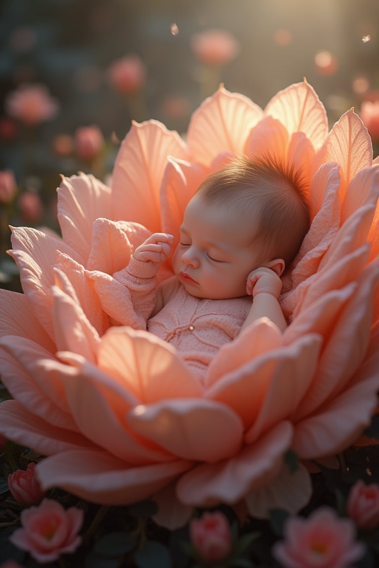 A highly detailed and realistic digital painting of a newborn baby gently resting in a cradle made of soft, glowing flower petals. The baby has delicate, fair skin with rosy cheeks, tiny hands curled into fists, and peaceful, closed eyes. The petals of the flower cradle gently wrap around the baby, creating a safe and nurturing environment. Soft, ethereal light emanates from the petals, casting a warm glow on the baby’s serene face. The background is a dreamy mix of soft, blurred colors, evoking a magical, otherworldly garden. The scene captures the purity and innocence of the newborn, with textures of the petals and the baby’s skin rendered in exquisite detail, making the entire scene feel both peaceful and enchanted.