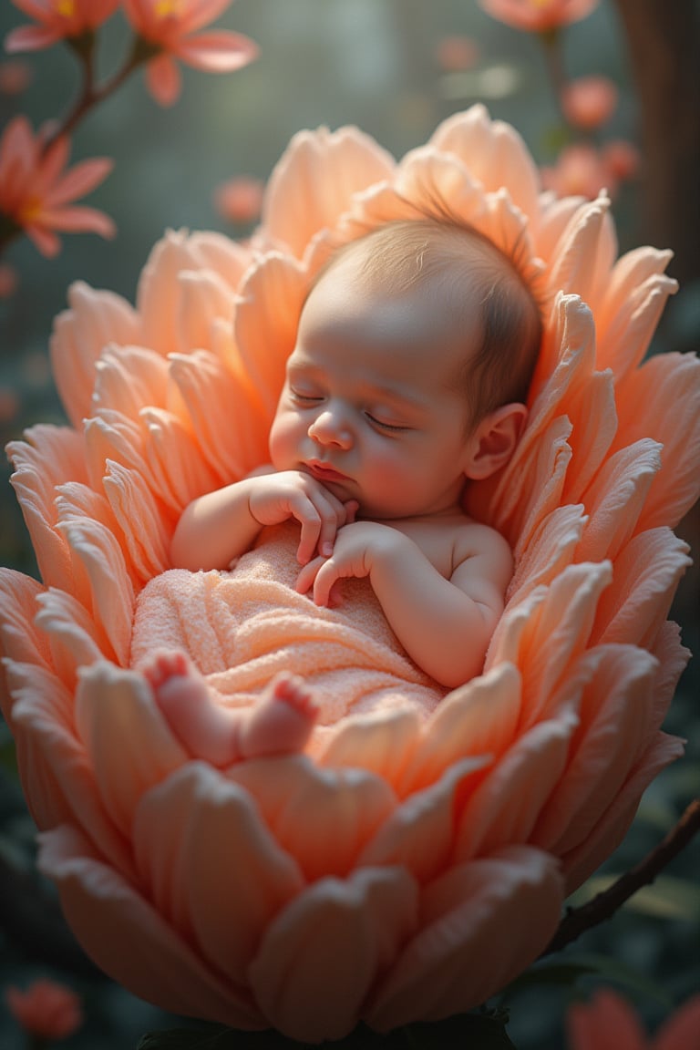 A highly detailed and realistic digital painting of a newborn baby gently resting in a cradle made of soft, glowing flower petals. The baby has delicate, fair skin with rosy cheeks, tiny hands curled into fists, and peaceful, closed eyes. The petals of the flower cradle gently wrap around the baby, creating a safe and nurturing environment. Soft, ethereal light emanates from the petals, casting a warm glow on the baby’s serene face. The background is a dreamy mix of soft, blurred colors, evoking a magical, otherworldly garden. The scene captures the purity and innocence of the newborn, with textures of the petals and the baby’s skin rendered in exquisite detail, making the entire scene feel both peaceful and enchanted.