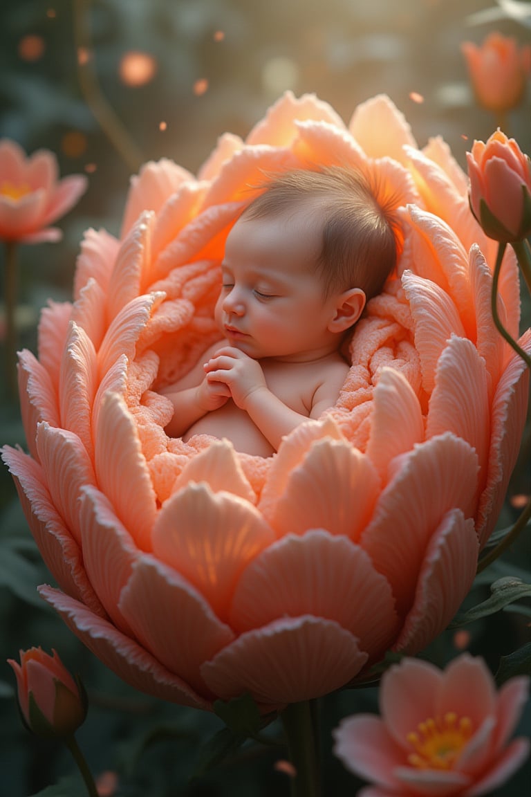 A highly detailed and realistic digital painting of a newborn baby gently resting in a cradle made of soft, glowing flower petals. The baby has delicate, fair skin with rosy cheeks, tiny hands curled into fists, and peaceful, closed eyes. The petals of the flower cradle gently wrap around the baby, creating a safe and nurturing environment. Soft, ethereal light emanates from the petals, casting a warm glow on the baby’s serene face. The background is a dreamy mix of soft, blurred colors, evoking a magical, otherworldly garden. The scene captures the purity and innocence of the newborn, with textures of the petals and the baby’s skin rendered in exquisite detail, making the entire scene feel both peaceful and enchanted.