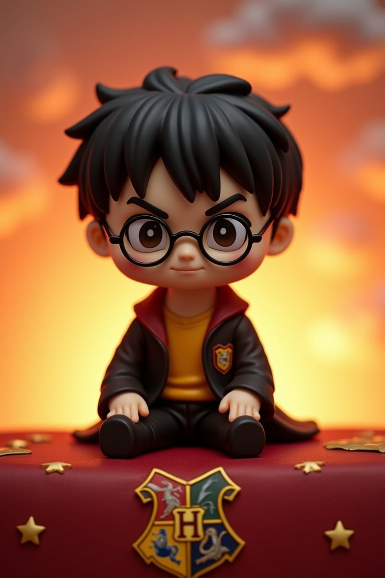 A stunning Kaiyodo-style figure of Harry Potter, reimagined in a super deformed form. He sits proudly on a crimson background adorned with golden accents, echoing the Hogwarts' crest. The background is a warm, gradient sunset sky with wispy clouds, reminiscent of a magical summer evening. A faint, shimmering light envelops Harry's figure, highlighting his iconic glasses and mischievous grin.