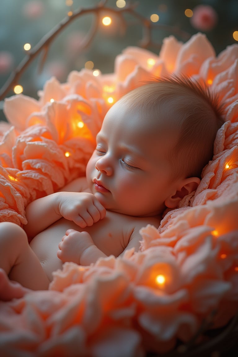 A highly detailed and realistic digital painting of a newborn baby gently resting in a cradle made of soft, glowing flower petals. The baby has delicate, fair skin with rosy cheeks, tiny hands curled into fists, and peaceful, closed eyes. The petals of the flower cradle gently wrap around the baby, creating a safe and nurturing environment. Soft, ethereal light emanates from the petals, casting a warm glow on the baby’s serene face. The background is a dreamy mix of soft, blurred colors, evoking a magical, otherworldly garden. The scene captures the purity and innocence of the newborn, with textures of the petals and the baby’s skin rendered in exquisite detail, making the entire scene feel both peaceful and enchanted.